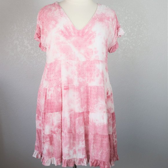 Chic Soul Dresses & Skirts - Chic Soul Pink & White Pockets Tired Ruffle Hem   V-Neck Fully Lined Dress 2XL